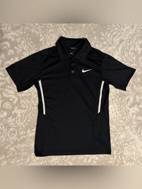 Nike Kids Dri-Fit Athletic Black Polo w/ White Swoosh & Side Stripes - Small